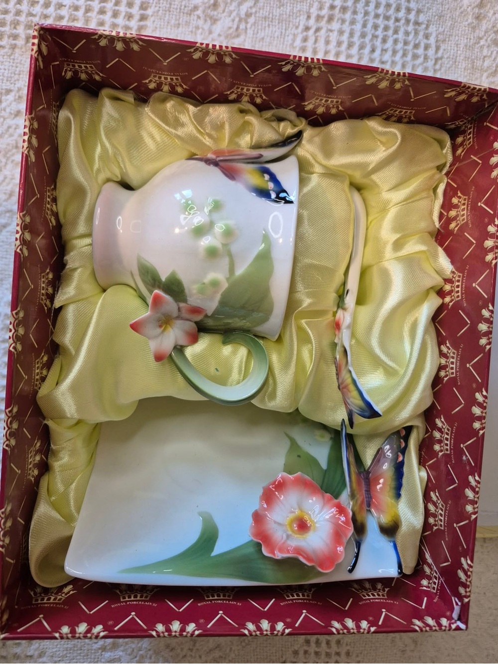 Floral Porcelain Mug and Saucer Set in White with Pink Flowers
